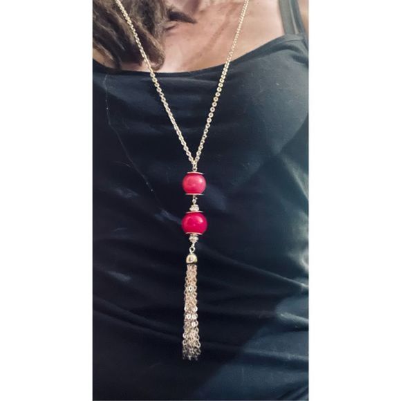 DOUBLE RED BEAD DROP BOHO SILVER TASSEL NECKLACE - Picture 1 of 5